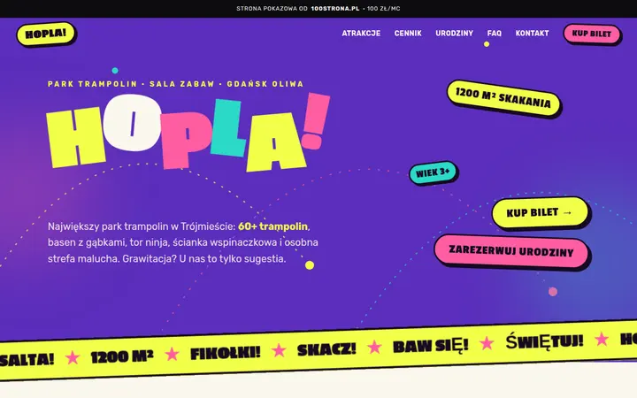 Przykładowa strona internetowa — Park trampolin / sala zabaw: HOPLA!