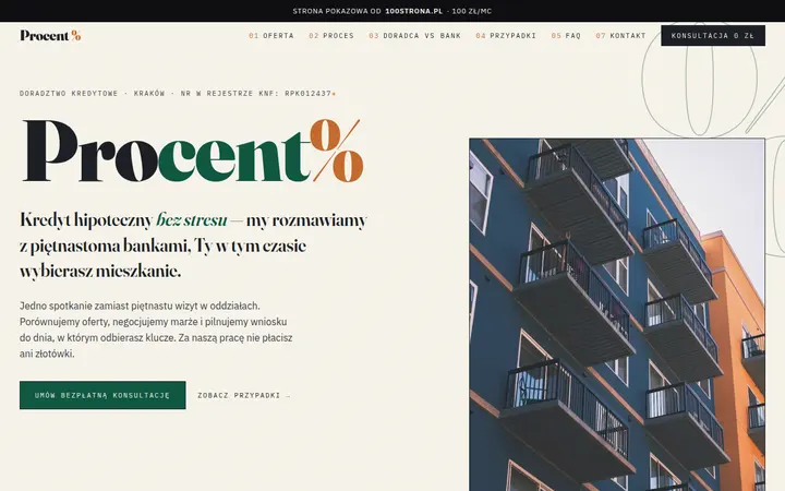 Przykładowa strona internetowa — Doradca kredytowy / pośrednik finansowy: PROCENT